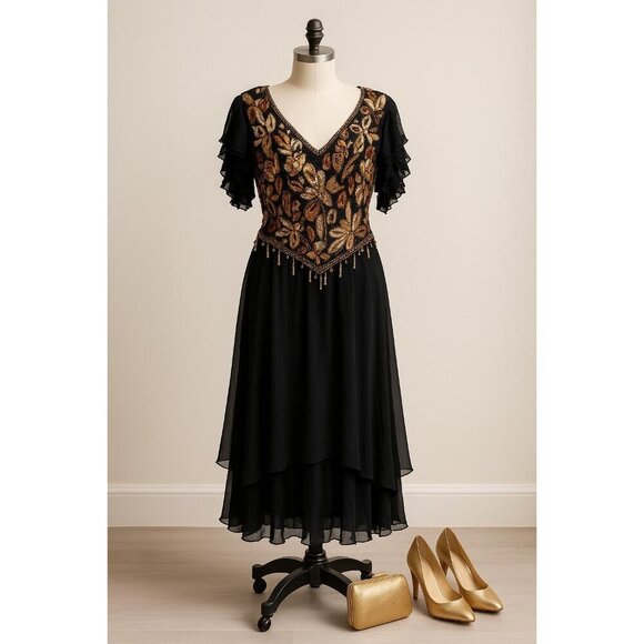 Vintage Black Chiffon Dress with Gold Sequin & Beaded Bodice – Holiday Glam Cock - Picture 1 of 9